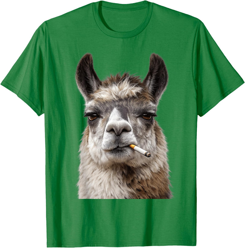 FunWearVM Funny Smoking Llama Cool Animal Lover with Attitude T-Shirt - Kelly Green