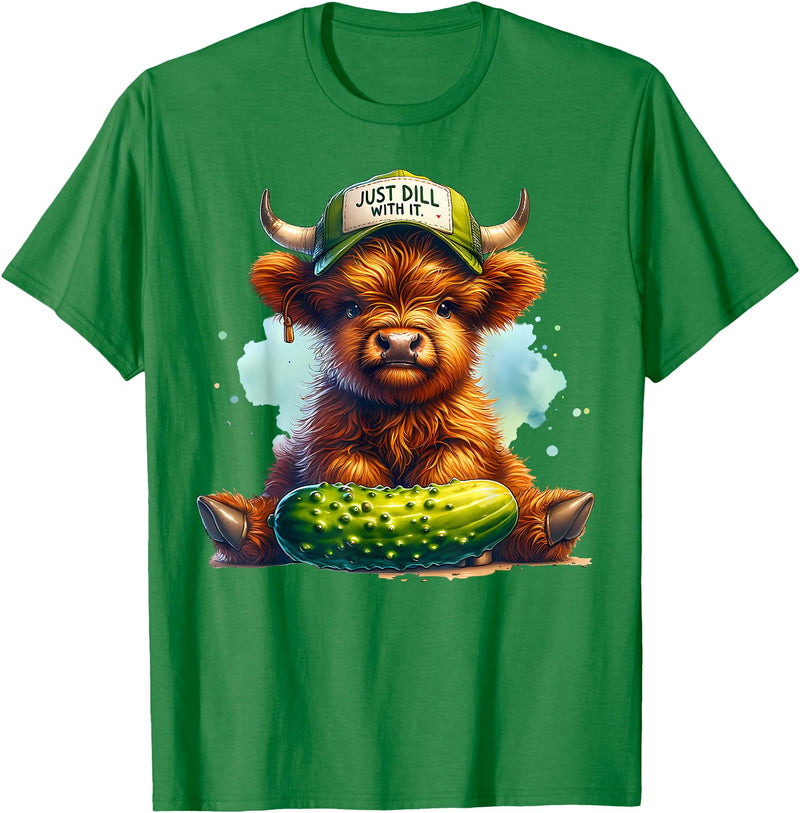Dill With It Cute Highland Cow Pickle Gardener Dill With It Cute Highland Cow Pickle Hat Farm Animal Lover T-Shirt - Kelly