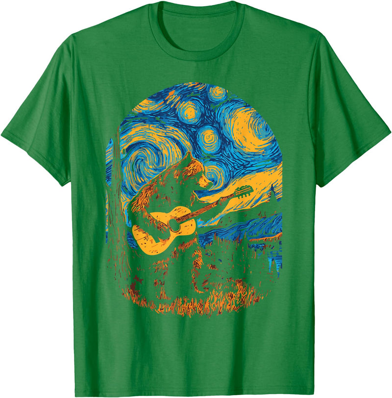 Bear playing Guitar Night-Sky Moon Guitar Grizzly Bear Blues Guitarist Starry Night Musician Music T-Shirt - Kelly Green