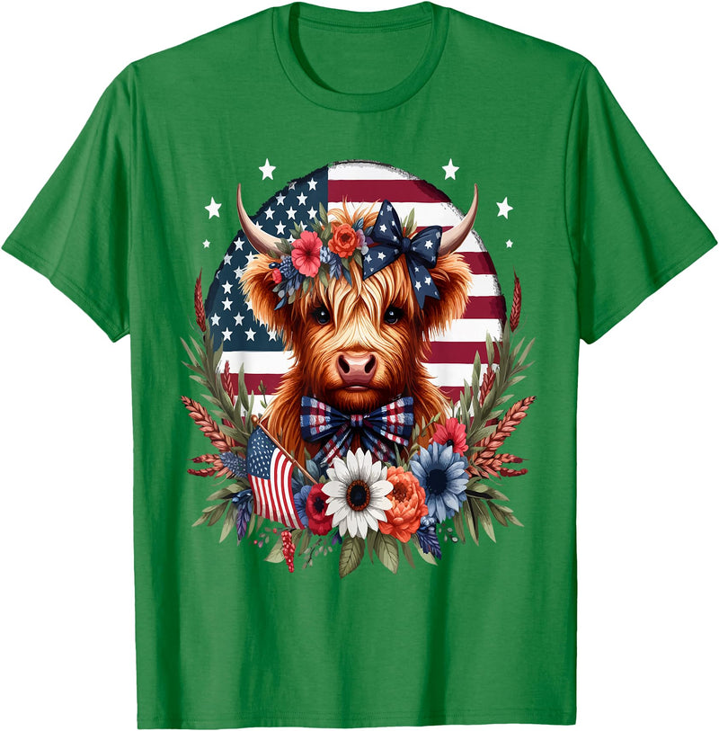 Funny July 4th Highland Cow Farm Lovers Gift Ideas Cute Highland Cow Florals 4th of July USA Flag Patriotic T-Shirt - Kelly