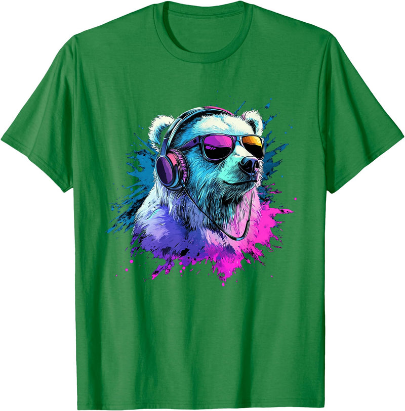 Colorful Artistic Polar Bear Animal Motifs Polar Bear Colorful Music Headphones Artistic Polar Bears T-Shirt - Kelly Green