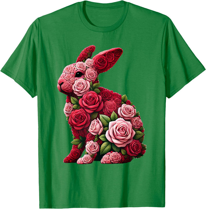 Rose Rabbit Bunny Flower Gardening Floral T-Shirt in Kelly Green