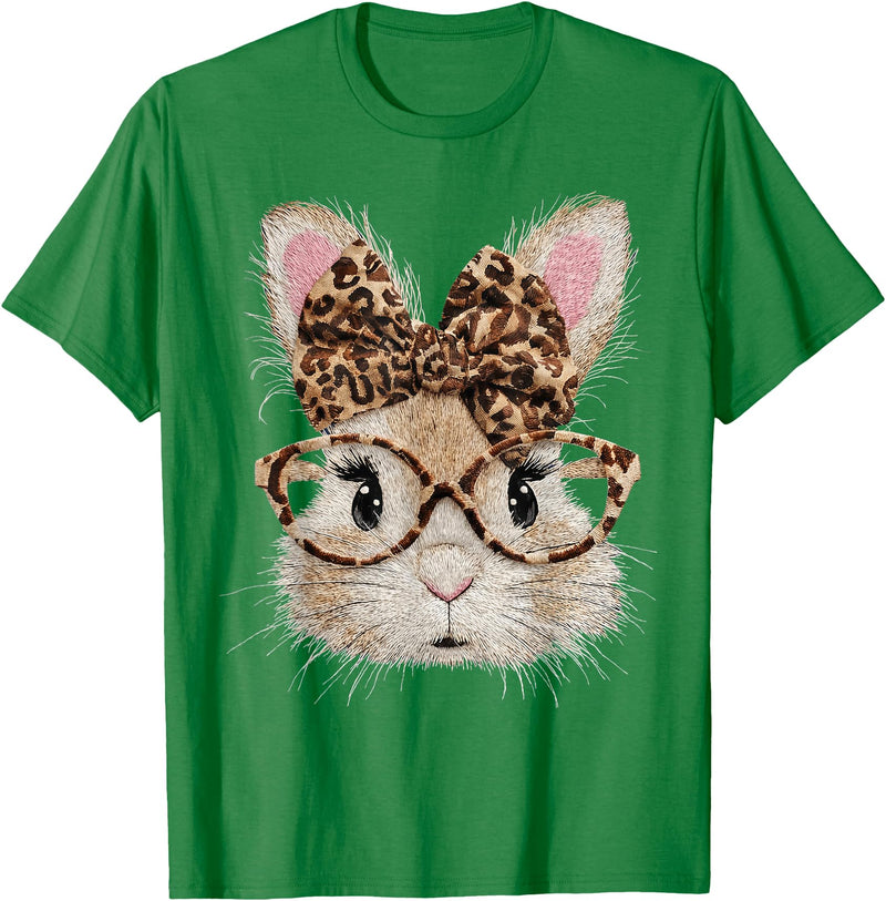Cute Bunny Rabbit Face Leopard Coquette Bow Glasses Easter T-Shirt in Kelly Green
