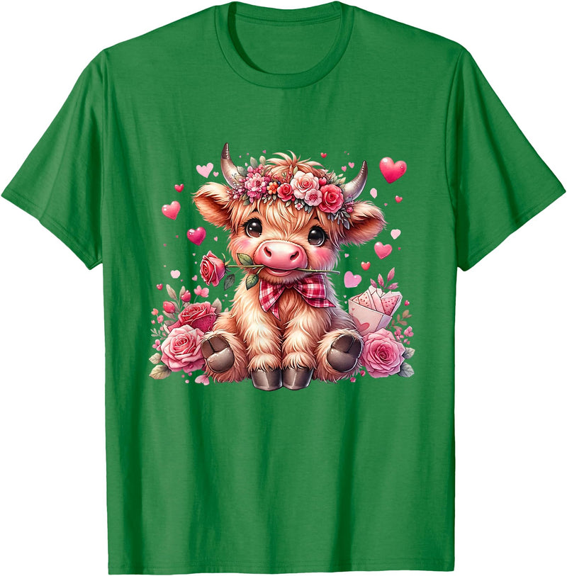 Happy Valentine Highland Cow Costume Love Clothing Valentine Highland Cow Print Cute Love Heart Flowers T-Shirt - Kelly Green