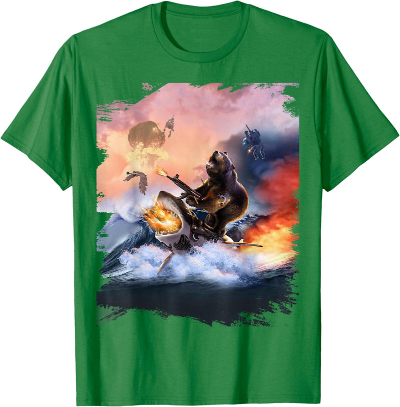 Random Galaxy Bear Riding Shark Funny T-Shirt - Kelly Green
