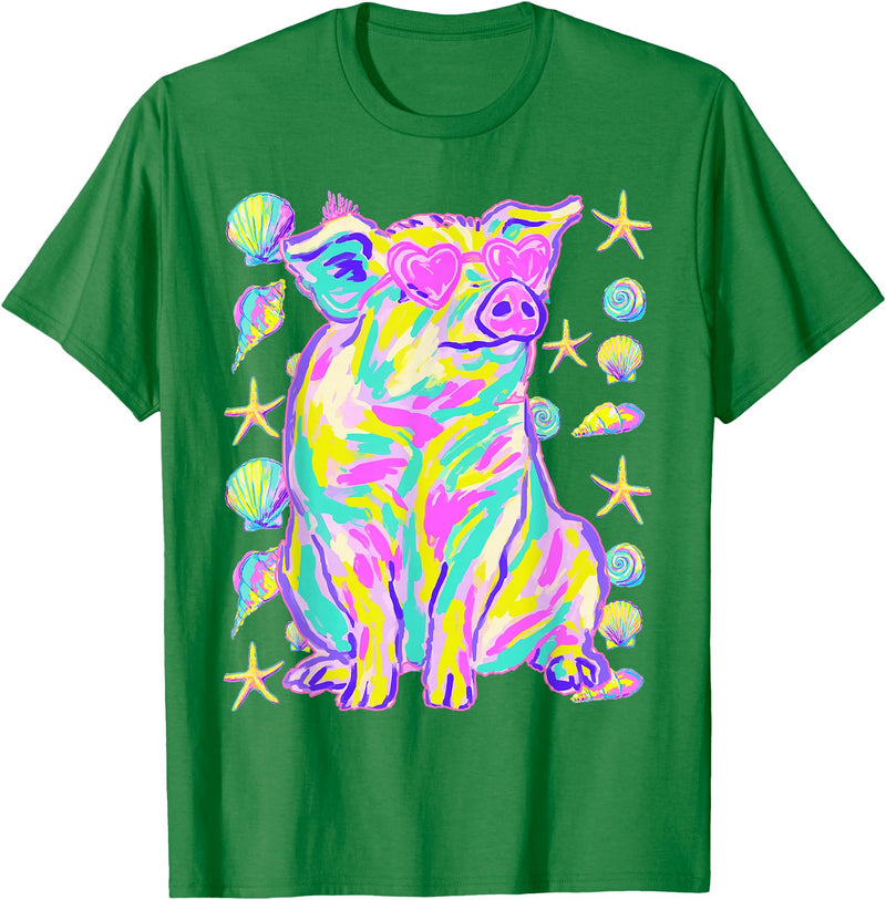 Coastal Summer Animals Beach Art Cute Pig with Hearts Sunglasses Seashells Coastal Summer T-Shirt - Kelly Green