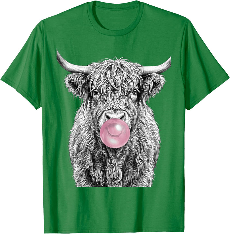 Bovine Bubbles Apparel Shaggy Highland Cow Blowing Bubble Gum Sketch T-Shirt - Kelly Green