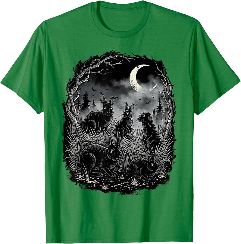 Midnight Woodland Rabbit Art Apparel Graphic Tees Creepy Black Rabbits Moonlit Forest Gothic Horror Halloween T-Shirt -