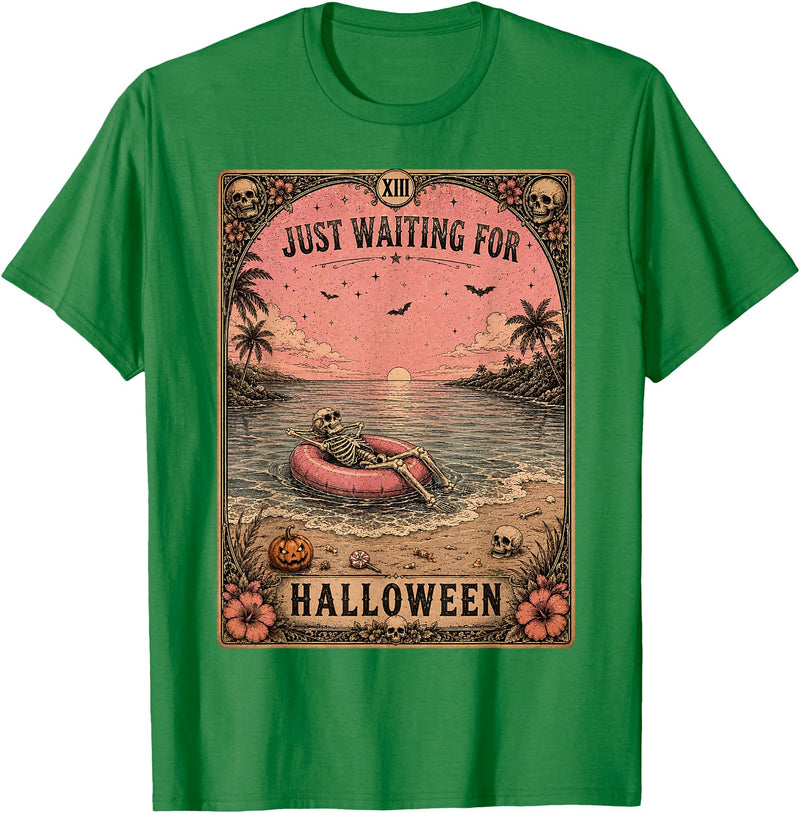 Just Waiting for Halloween Tarot Card art Halloween Tarot Card Spooky Summer Skeleton Just Waiting T-Shirt - Kelly Green