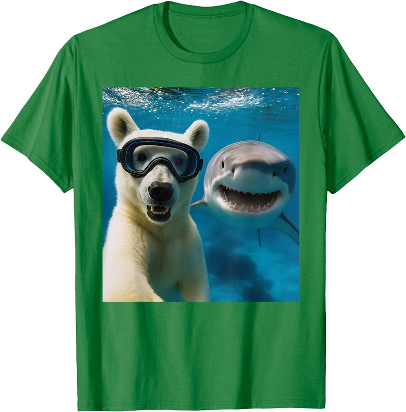 Selfie Polar Bear and Shark Summer Scuba Diving Funny Polar Bear Selfie with Shark Ocean Lovers T-Shirt - Kelly Green
