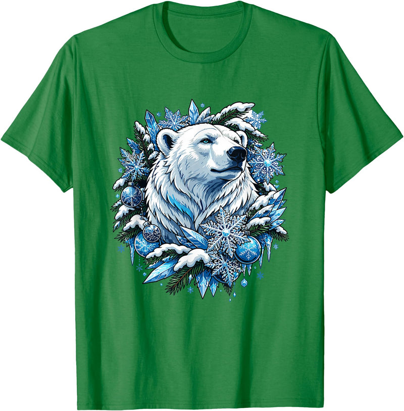 Arctic Polar Bear Winter Snowflakes Christmas Polar Bear Wreath Ice Crystals T-Shirt - Kelly Green