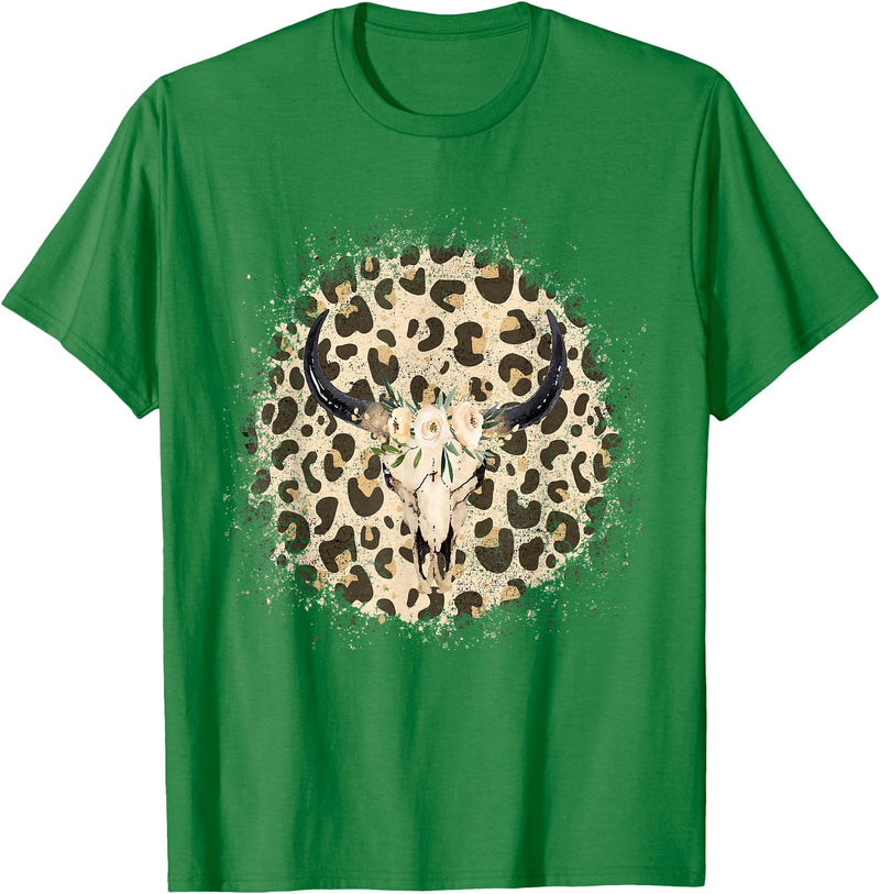 Funny Leopard Cow Skull designs Funny Leopard Cow Skull print Flower Rustic Turquoise T-Shirt - Kelly Green