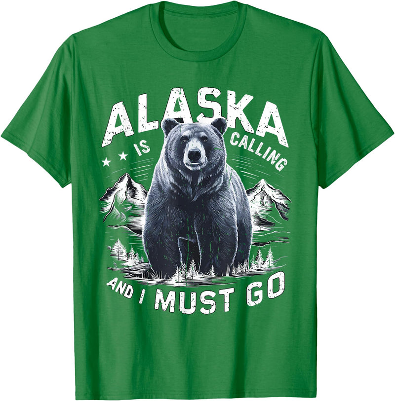 Alaska is Calling and I Must Go, Alaskan Bear and Nature T-Shirt - Kelly Green