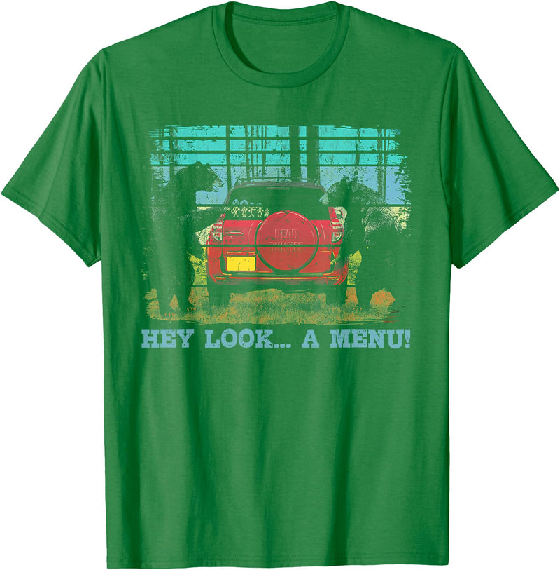 Funny Camping Lovers Gift Tee Hey Look A Menu Funny Bear Camping Retro Vintage Camper Car T-Shirt - Kelly Green