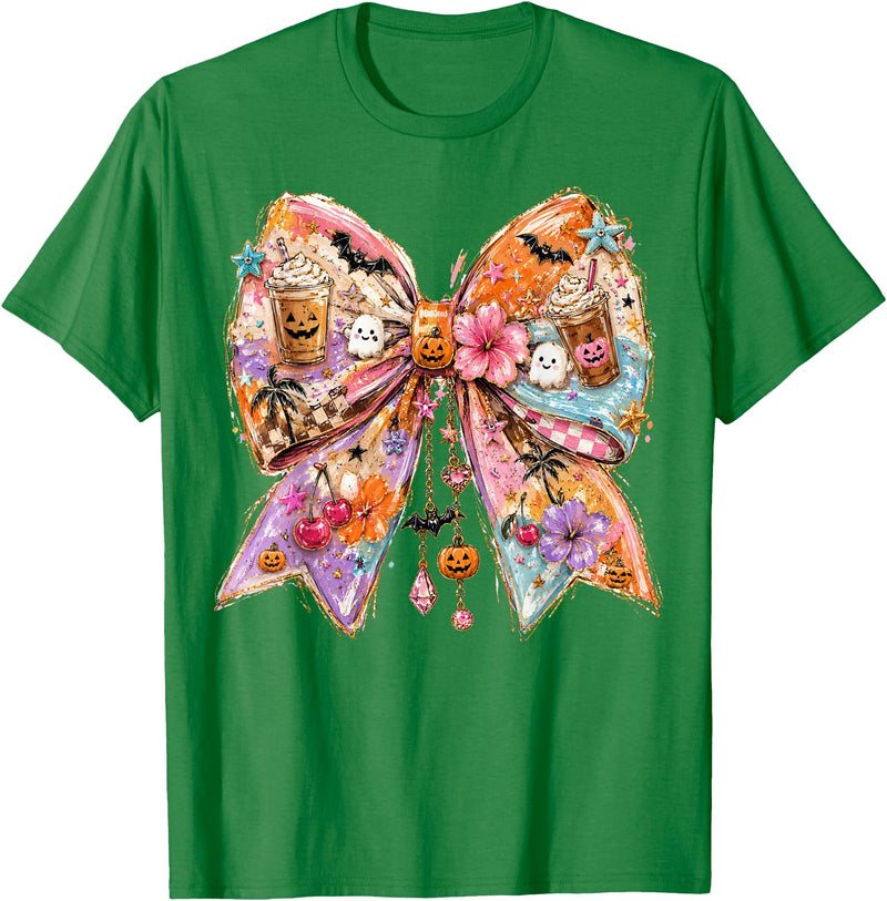 Summerween Tees NYC Summerween Bow Coquette Summer Halloween Ghosts Beach Coffee T-Shirt - Kelly Green
