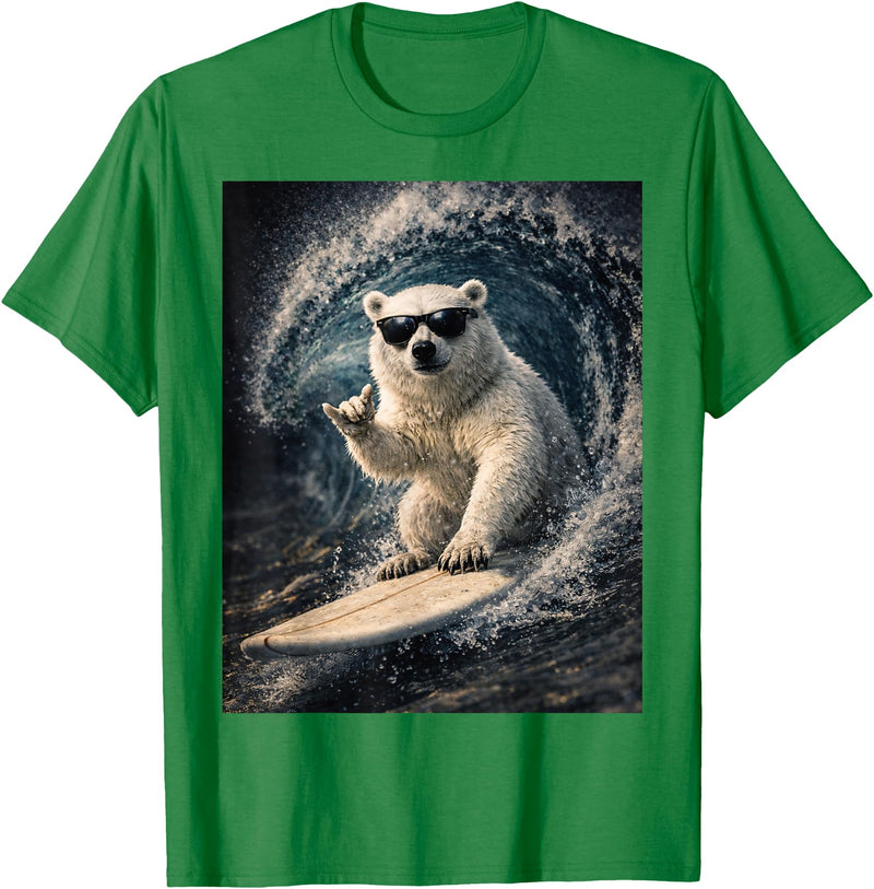 White Bear Surfing Waves Funny Animal Apparel Funny Polar Bear Surfer Catching Waves | Shaka Funny Animal T-Shirt - Kelly Green