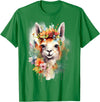Llama Bloom Studio Cute Llama Floral Crown Watercolor Animal Art T-Shirt - Kelly Green