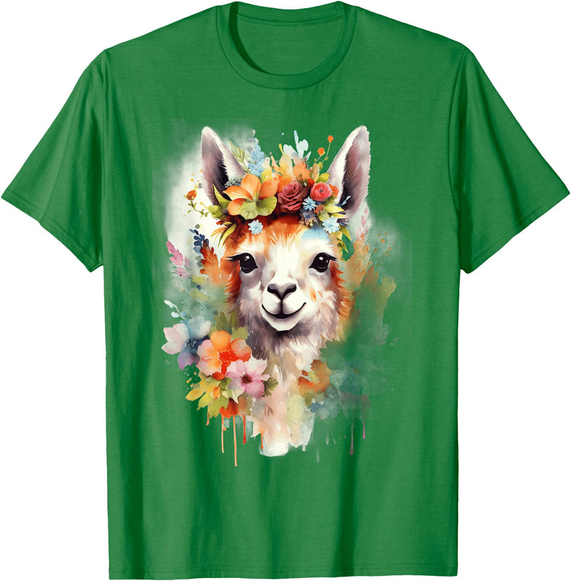 Llama Bloom Studio Cute Llama Floral Crown Watercolor Animal Art T-Shirt - Kelly Green
