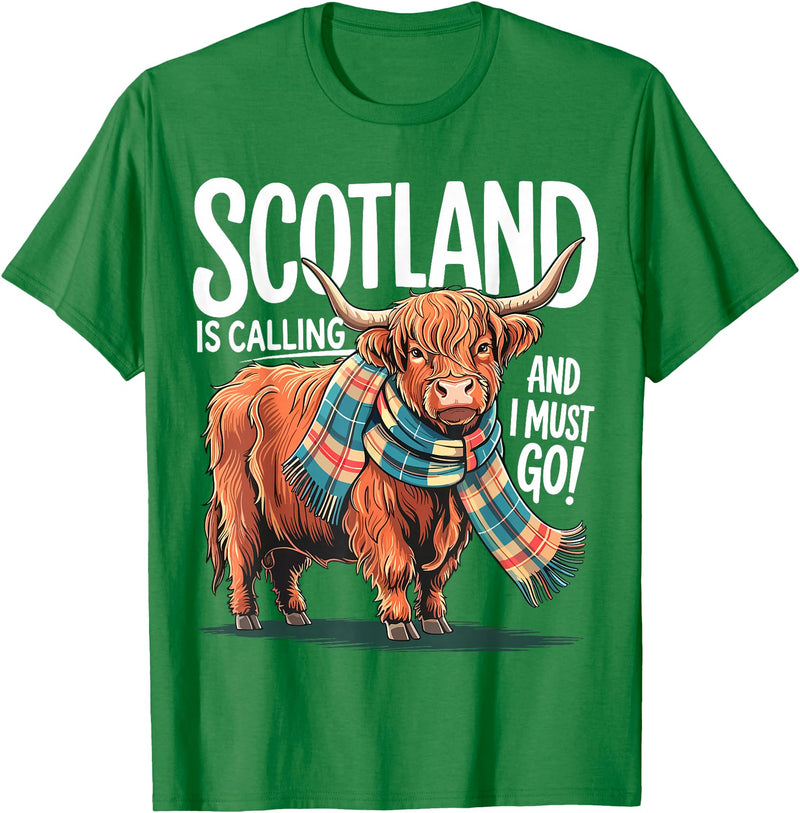 Funny Scottish Highland Cow Scotland is Calling and I Must go Scottish Highland Cow T-Shirt - Kelly Green