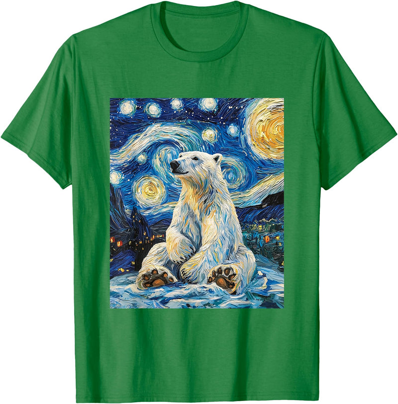 Bear Designs. Cute Polar Bear Van Gogh Style Starry Night Funny Graphic T-Shirt - Kelly Green