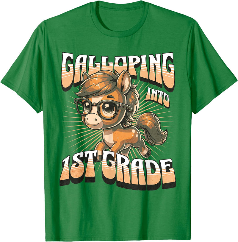 Galloping Into 1st Grade Cute Horse Back to School Kids T-Shirt - Kelly Green