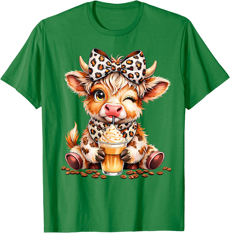 Cute Highland Cow Coffee Addict Leopard Bow Highland Cow Coffee Addict Funny Drink Coffee T-Shirt - Kelly Green