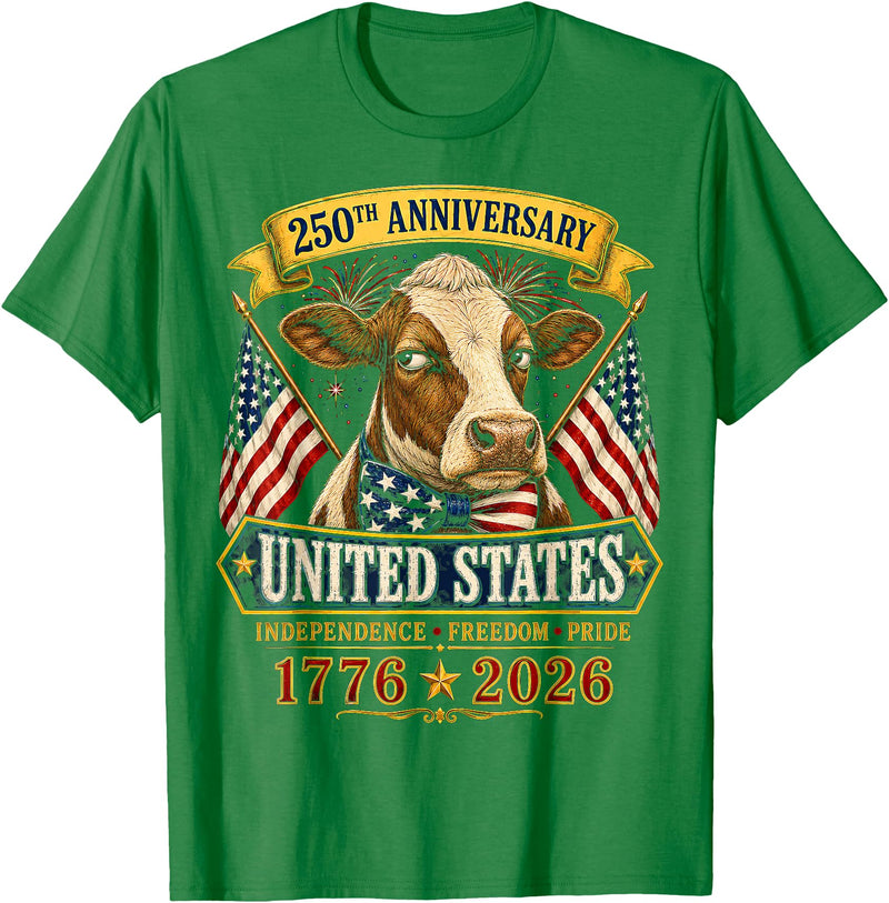 Patriotic 250 Years of Freedom 1776-2026 250 Years America Cow Patriotic USA 4th of July T-Shirt - Kelly Green