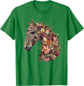 Horse Lover Gifts Floral Horse T-Shirt - Unisex-Adult, Classic Fit, Black, Small, Short Sleeve, Cotton Blend, Floral Pattern - Kelly Green