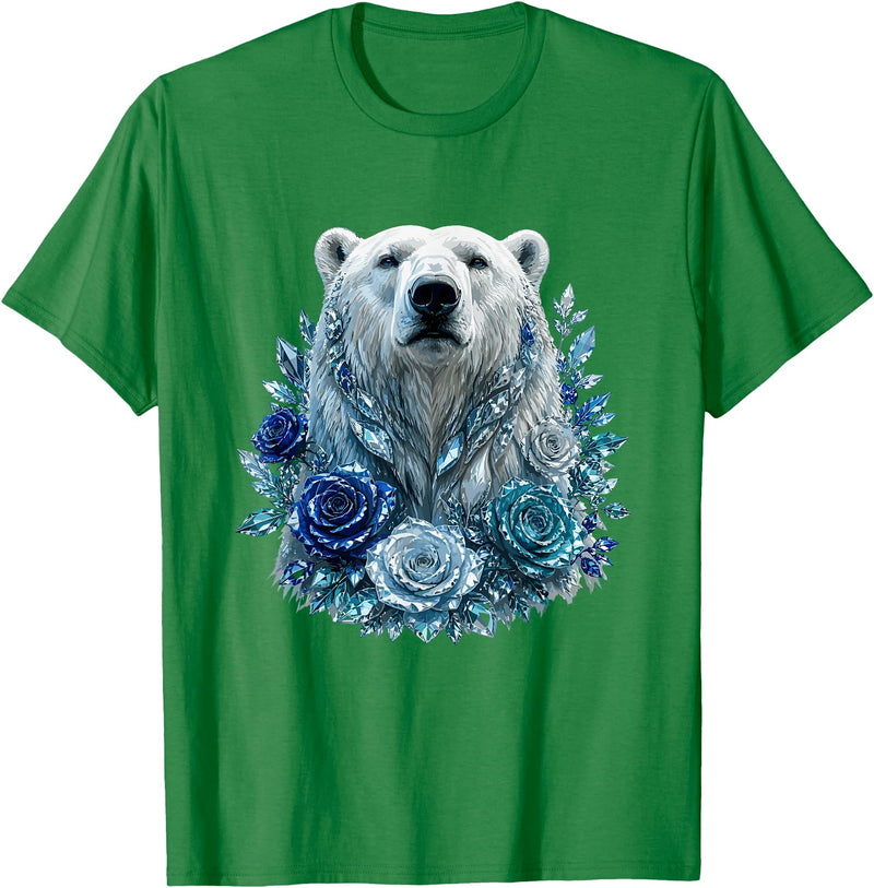 Arctic Polar Bear Crystal Rose Winter Spirit Majestic Polar Bear with Blue Ice Crystal Roses T-Shirt - Kelly Green