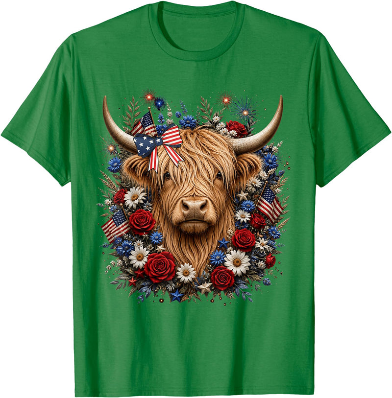 Funny July 4th Highland Cow Farm Lovers Highland Cow Florals 4th of July USA Flag Patriotic Women T-Shirt - Kelly Green