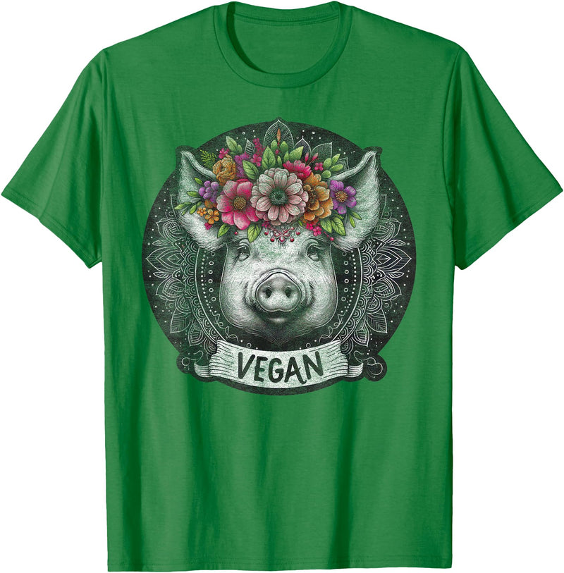 Pig with Flowers Vegan Retro Products Pig with Flowers Vegan Retro – Boho Hippie Cute T-Shirt - Kelly Green