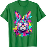 Happy Easter Bunny Face Tie Dye Bunny Rabbit with Glasses T-Shirt in Kelly Green