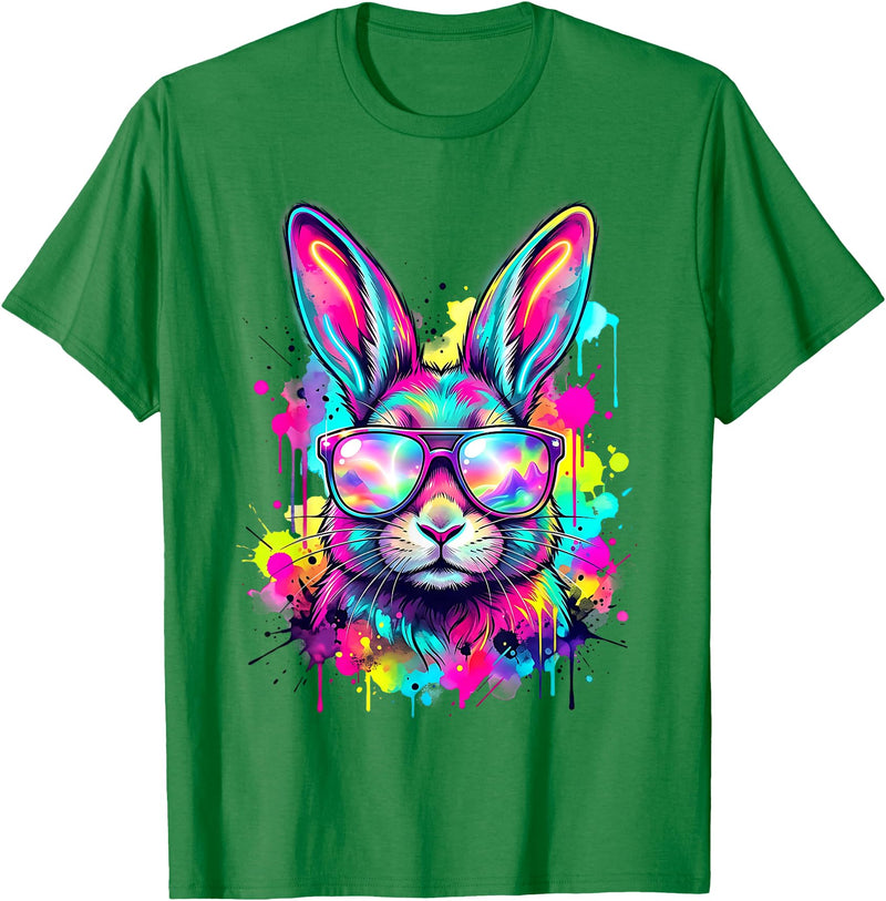 Happy Easter Bunny Face Tie Dye Bunny Rabbit with Glasses T-Shirt in Kelly Green
