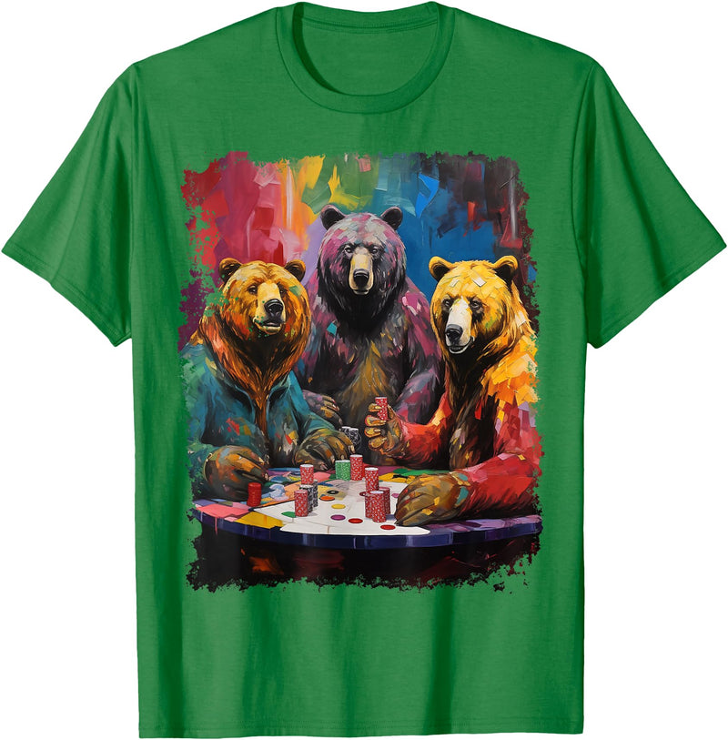 Noah&Friends Playing Card Pop Art Gambling Bears Playing Poker Cards T-Shirt - Kelly Green