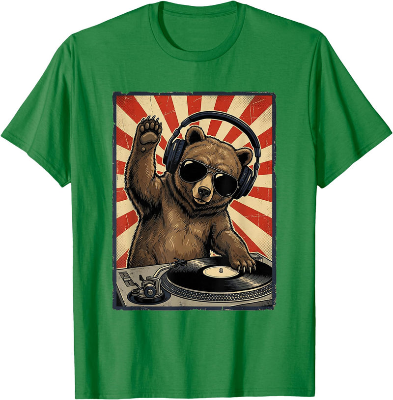 Bear DJ Stuff & Accessories Cool Retro Bear DJ Funny Bears Music Men Women Kids T-Shirt - Kelly Green
