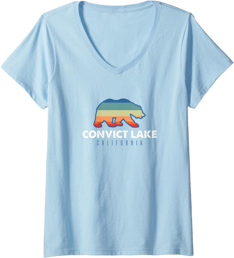 Convict Lake Shirts Womens Convict Lake California Sunset Bear Outdoors Boating Fishing V-Neck T-Shirt - Baby Blue
