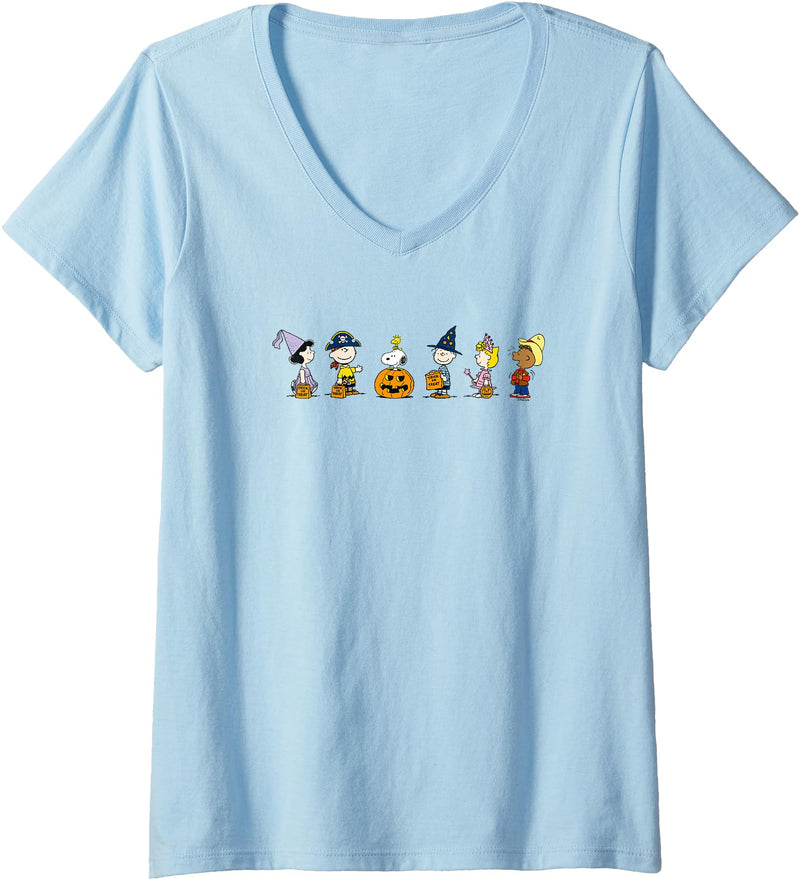 Womens Peanuts Halloween Line V-Neck T-Shirt - Baby Blue
