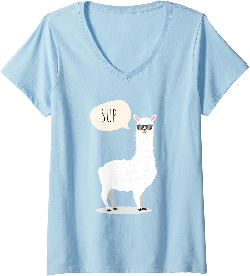 Funny & Cute Llama Gifts by OMG Womens Sup No Drama Llama Alpaca V-Neck T-Shirt - Baby Blue