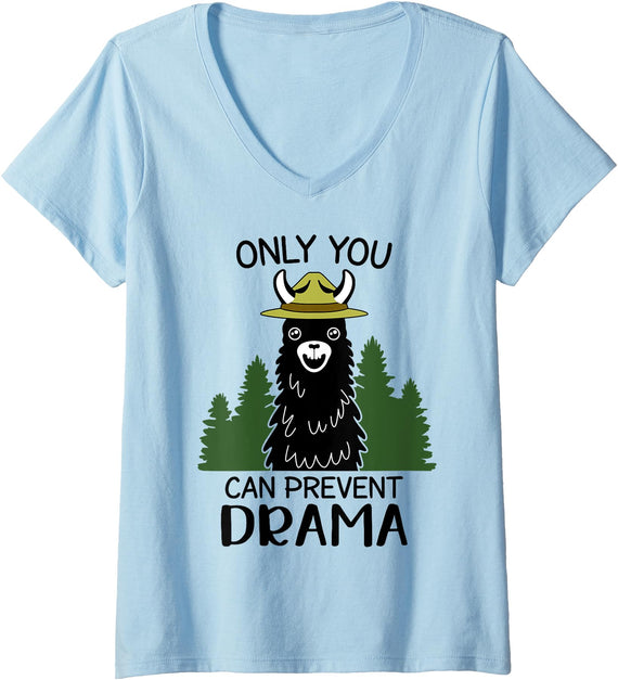 Llama Camping Womens Only You Can Prevent Drama Llama Funny Llama V-Neck T-Shirt - Baby Blue