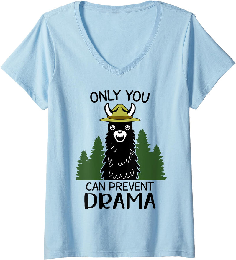 Llama Camping Womens Only You Can Prevent Drama Llama Funny Llama V-Neck T-Shirt - Baby Blue