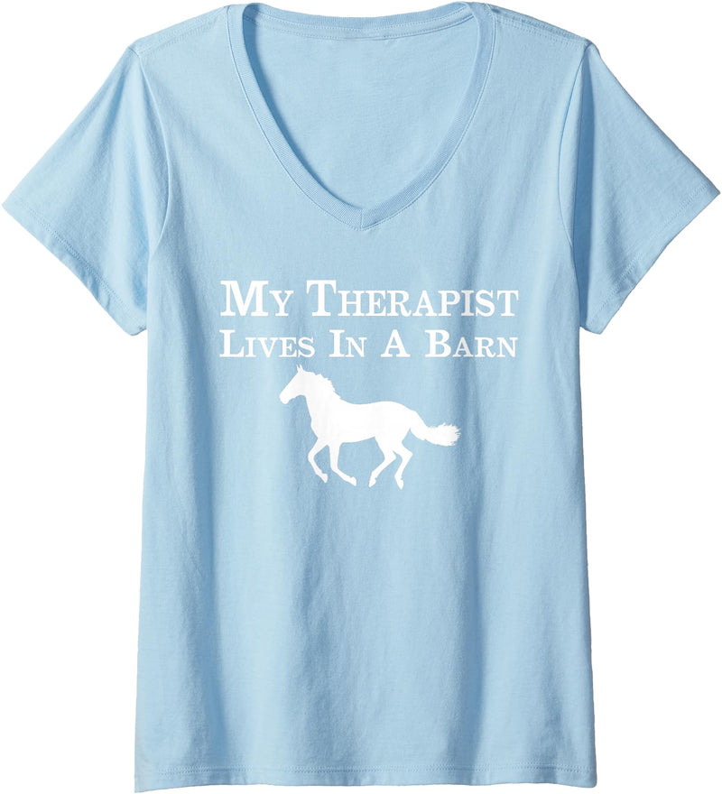 My Therapist Lives In A Barn Horse Women Girl Womens My Therapist Lives In A Barn Horse Lover Women Girl Kid V-Neck T-Shirt - Baby Blue