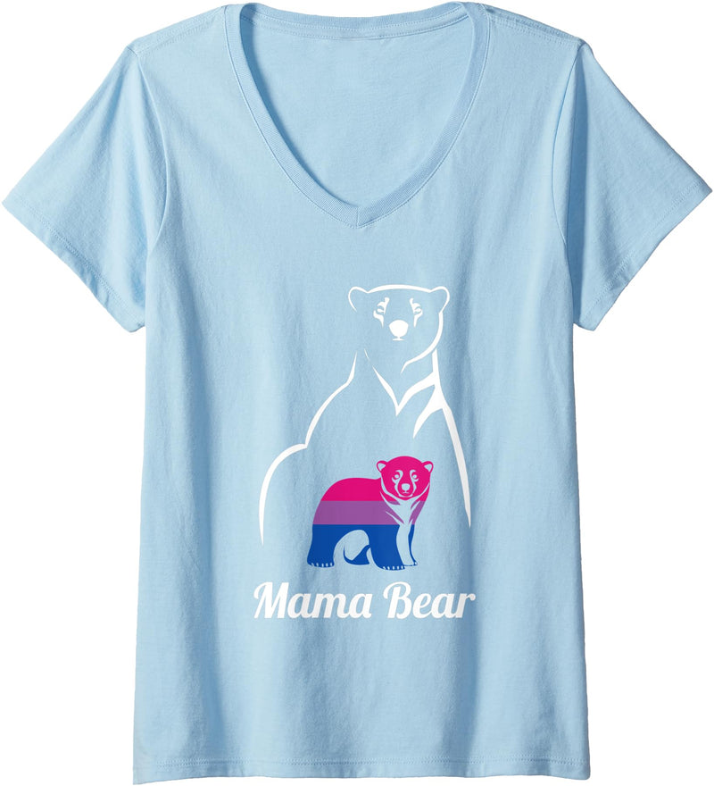 LGBT Bisexual Pride Mama Bear Designs Co. Womens LGBT Bisexual Pride Mama Bear Bi V-Neck T-Shirt - Baby Blue