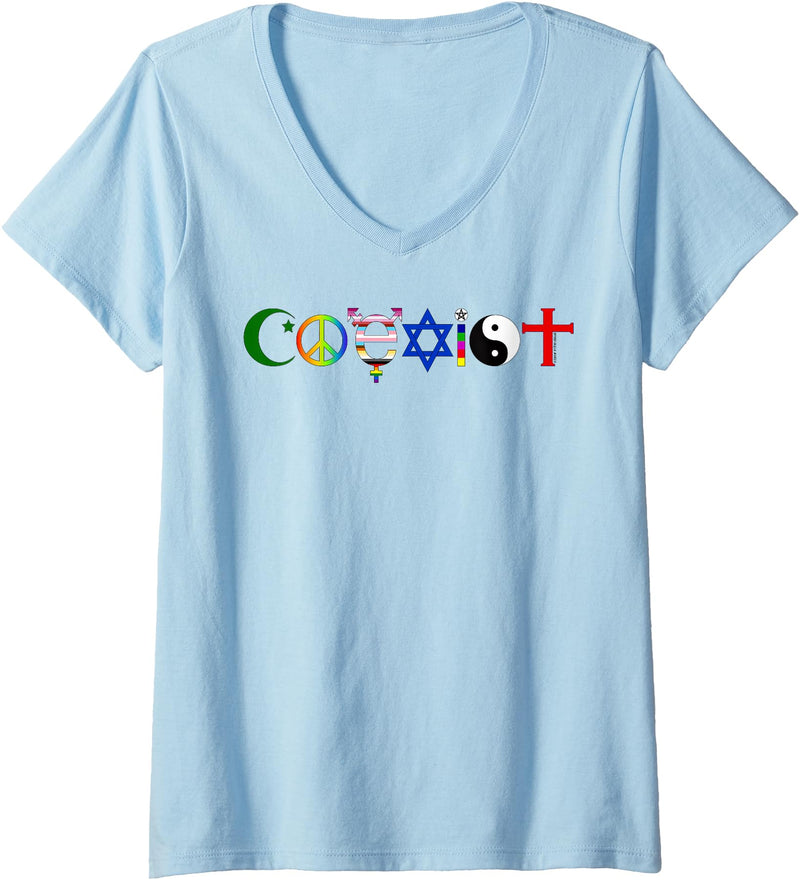 Bear In The Cloud Womens Coexist V-Neck T-Shirt - Baby Blue