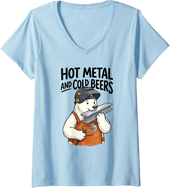Welder Bear Humor Studio Women's Hot and Cold Beers Humor Dad Joke Polar Bear Welder Welding V-Neck T-Shirt - Baby Blue