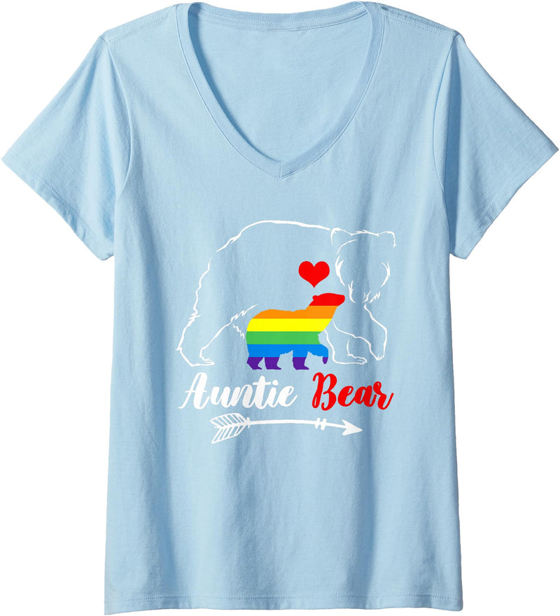 Funny Bear Family Gay LGBT Pride HBL Womens LGBT Auntie Bear Aunt Gay Pride Proud Mom Mother's Day V-Neck T-Shirt - Baby Blue