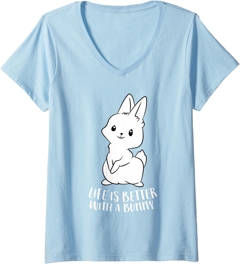 Womens Life Is Better with a Bunny Cute Bunny Rabbit V-Neck T-Shirt in Baby Blue