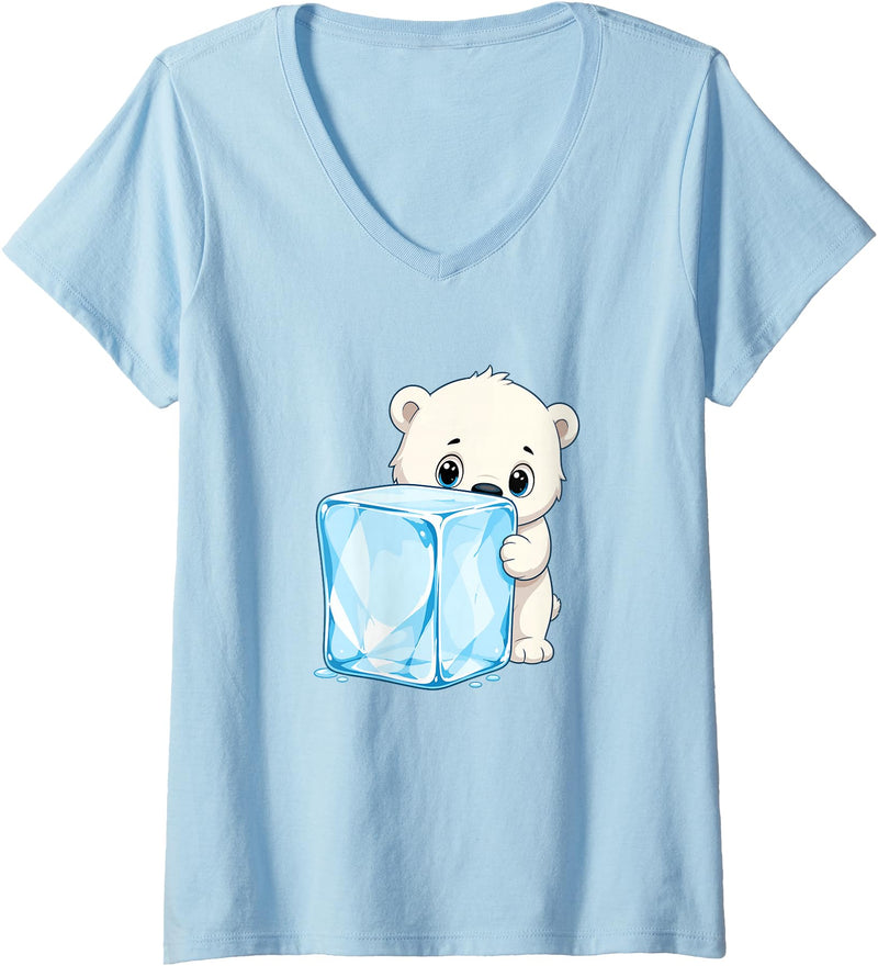 Cute Polar Bear Ice Cube Arctic Kawaii Women's Adorable Baby Polar Bear Hugging Big Ice Cube V-Neck T-Shirt - Baby Blue