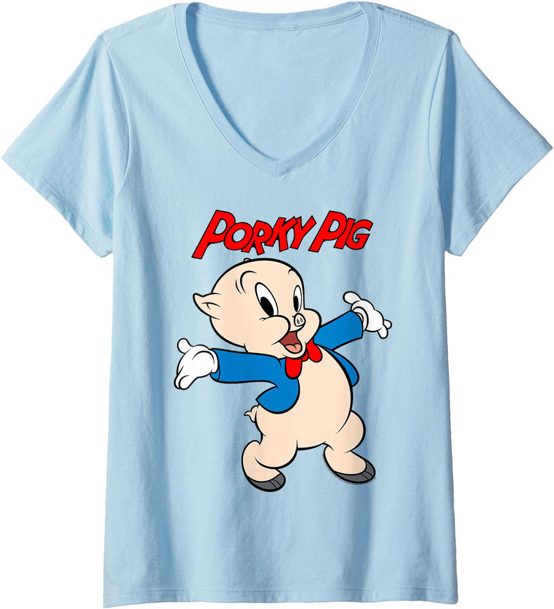 Womens Looney Tunes Porky Pig Vintage Portrait V-Neck T-Shirt - Baby Blue