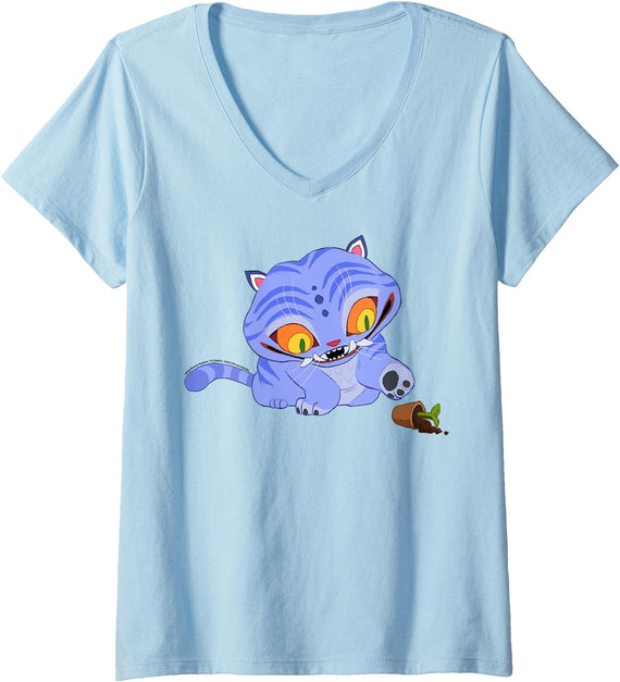 Womens Kpop Demon Hunters Halloween Derpy Playing with Plant Vase V-Neck T-Shirt - Baby Blue