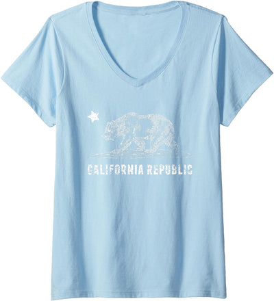 Womens CA Republic , Bear & Star | Distressed California State V-Neck T-Shirt